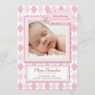 Sweet Flicka Argyle Photo Birth Notice Meddelande