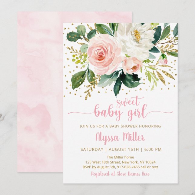 Sweet Flicka Boho Blommigt Rosa Guld Baby Shower Inbjudningar (Fram/baksida)