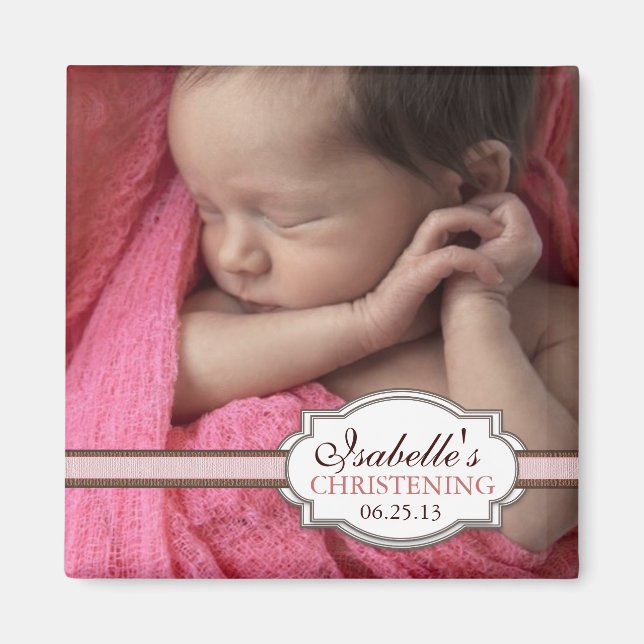 Sweet Flicka Christening Brown & Rosa Photo Magnet (Framsidan)