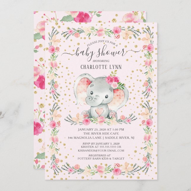 Sweet Flicka Elephant Baby Shower Inbjudningar (Fram/baksida)