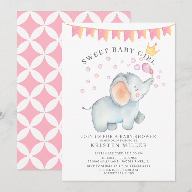 Sweet Flicka Elephant Baby Shower Inbjudningar (Fram/baksida)