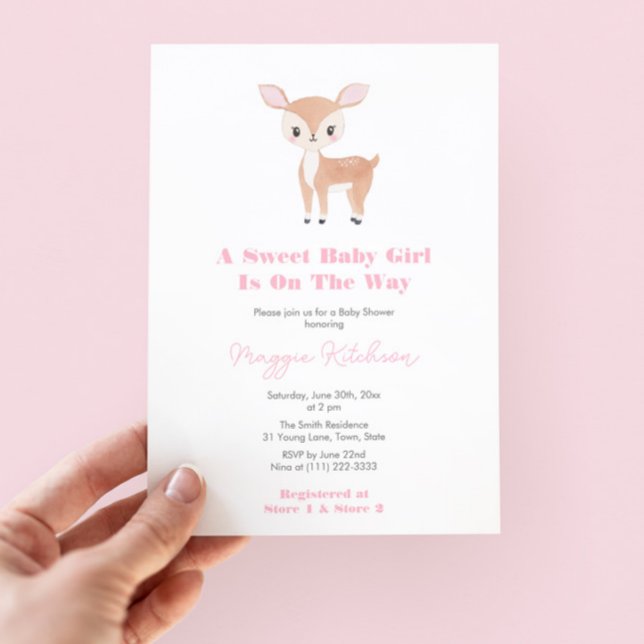 Sweet Flicka Fawn Baby Shower Party Inbjudningar (Sweet Baby Girl Woodland Baby Shower Invitation With Watercolor Fawn And Pink White Buffalo Check)