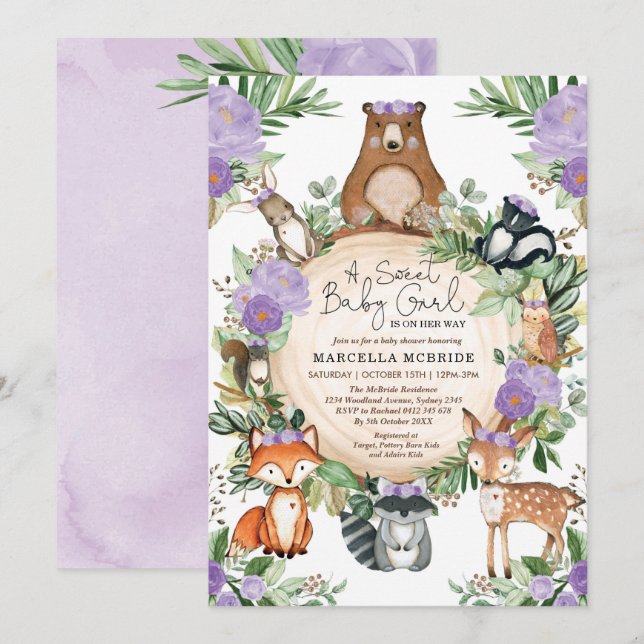 Sweet Flicka Lila Blommigt Woodland Shower Inbjudningar (Fram/baksida)