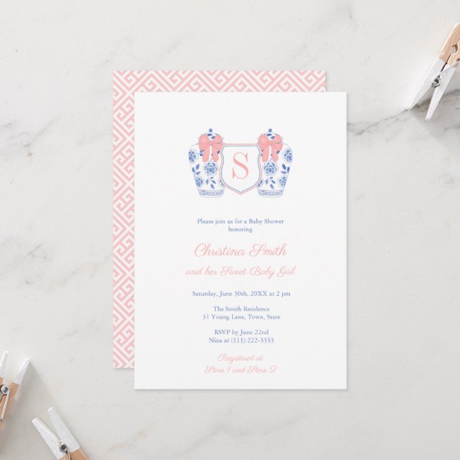 Sweet Flicka Monogram Ginger Burk Baby Shower Inbjudningar (Fram/Back In Situ)