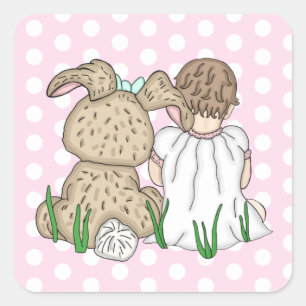 Sweet Flicka och Påskhare Polka Dot Fyrkantigt Klistermärke