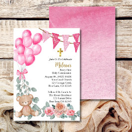 Sweet Flicka Rosa Balloon First Heliga Communion Inbjudningar