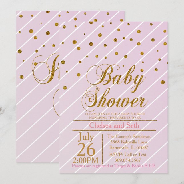 Sweet Flicka Rosa & Guld Confetti | Babyskor Inbjudningar (Fram/baksida)
