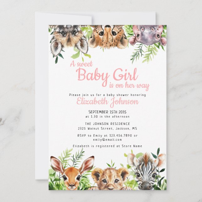 Sweet Flicka Safari Animals Baby Shower Inbjudningar (Framsida)