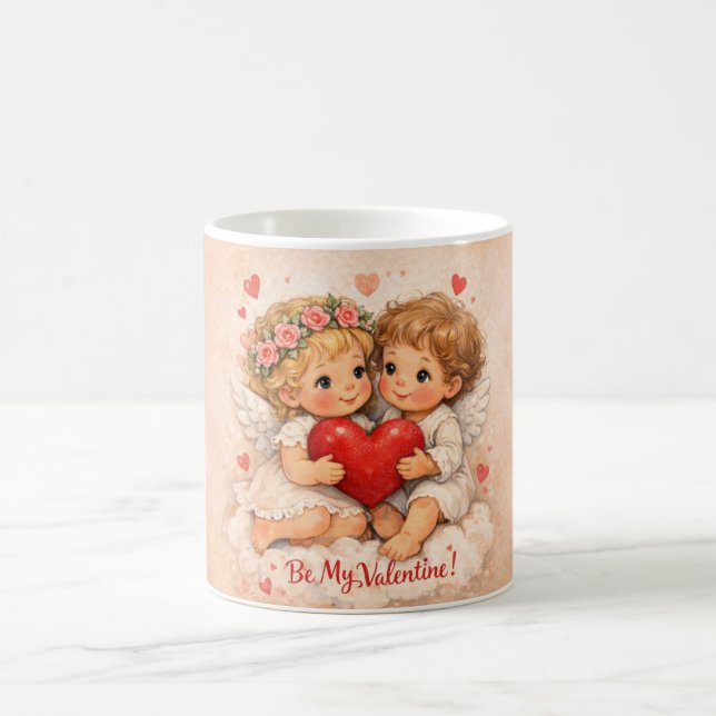 Sweet folk-style Valentine card with angel childre Kaffemugg (Center)