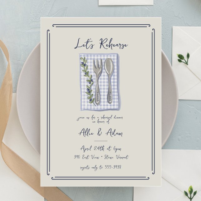 Sweet Fork Spoon Gingham Greenery Rehearsal Dinner Inbjudningar (Skapare uppladdad)