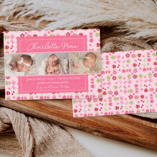 Sweet Garden Rosa Flicka Announcement Meddelande (birth announcement, baby announcement, birth announcement template, custom girl birth announcement)