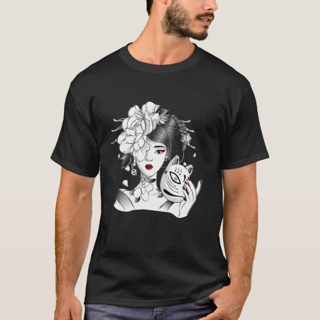 Sweet Geisha Girl Japan in Kimono-klänning med mas T Shirt (Framsida)