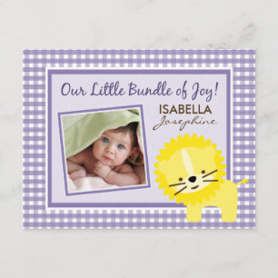 Sweet Gingham Lejon Birth Announcement (lavender) Meddelande