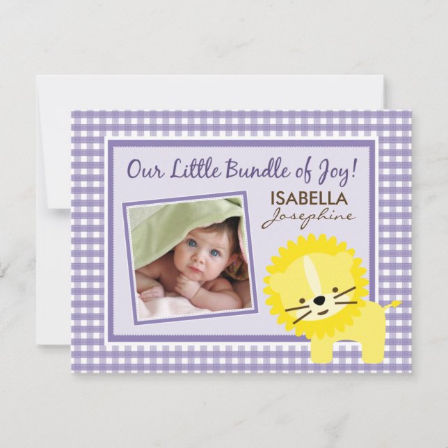 Sweet Gingham Lejon Birth Announcement (lavender) Meddelande (Framsida)