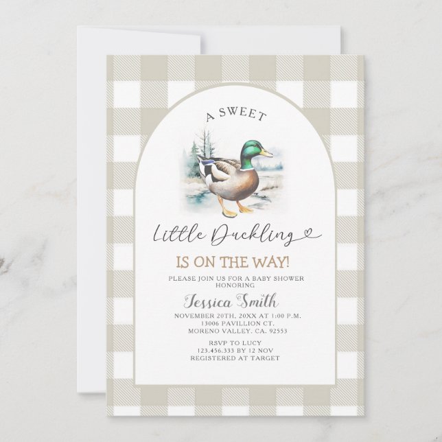Sweet Gingham Little Duckling Mallard Baby Shower Inbjudningar (Framsida)