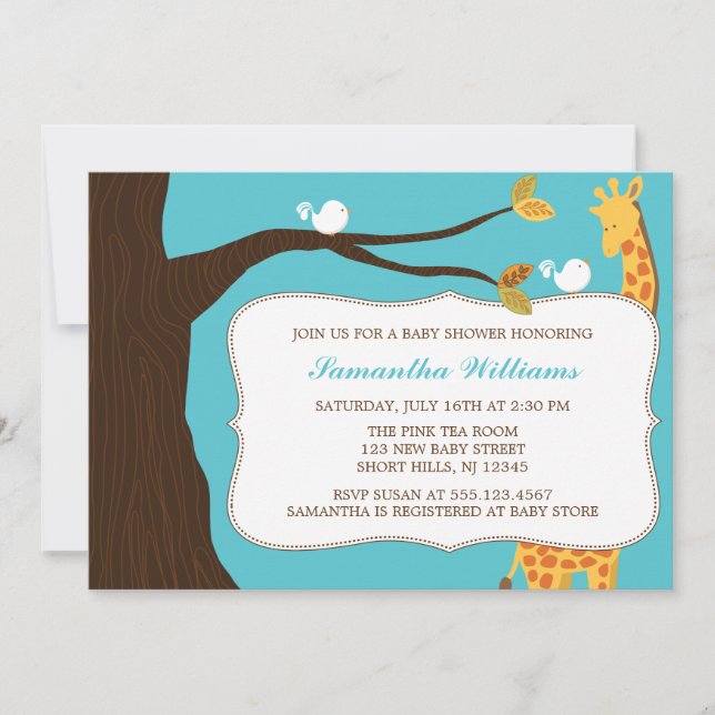 Sweet Giraffe och Birds Gender Neutral Baby Shower Inbjudningar (Framsida)