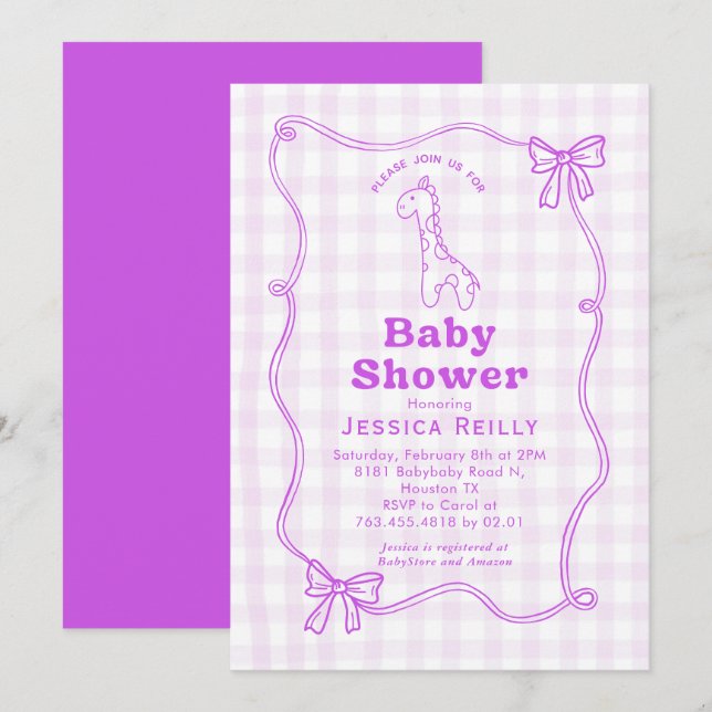 Sweet Giraffe Plaid Bow Elegant Baby Shower Inbjudningar (Fram/baksida)