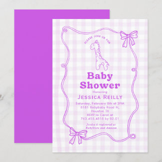 Sweet Giraffe Plaid Bow Elegant Baby Shower Inbjudningar