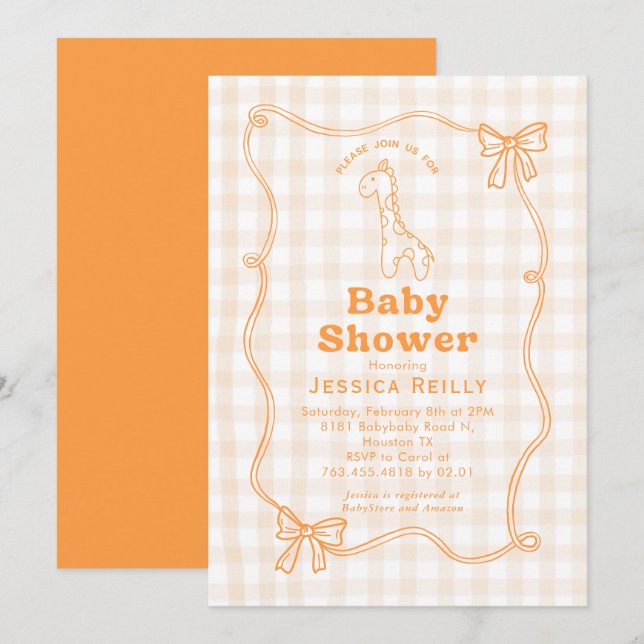 Sweet Giraffe Plaid Bow Elegant Baby Shower  Inbjudningar (Fram/baksida)