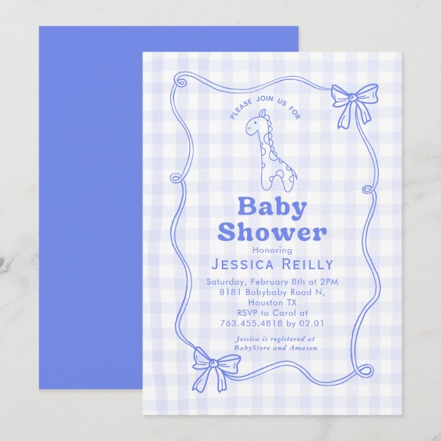 Sweet Giraffe Plaid Bow Elegant Baby Shower Inbjudningar (Fram/baksida)