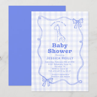Sweet Giraffe Plaid Bow Elegant Baby Shower Inbjudningar
