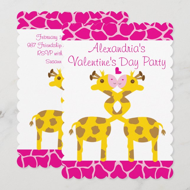 Sweet Giraffes i Kärlek Rosa Kids Valentines Party Inbjudningar (Fram/baksida)