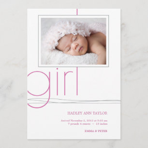 Sweet Girl Anpassningsbar Photo Birth Announcement Meddelande