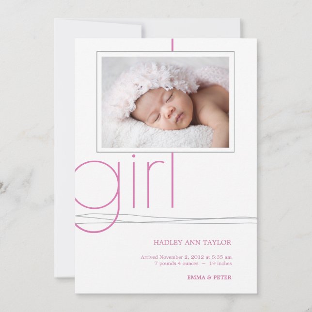 Sweet Girl Anpassningsbar Photo Birth Announcement Meddelande (Framsida)