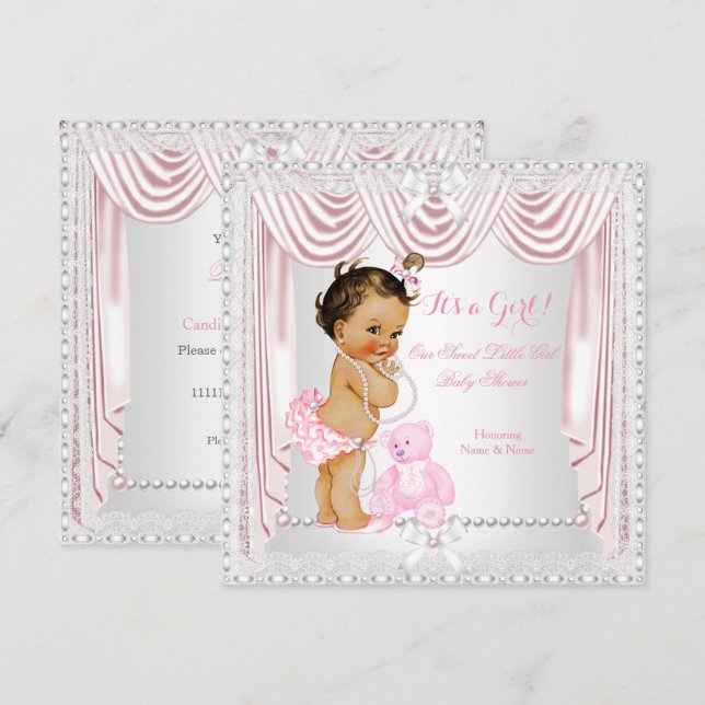 Sweet Girl Baby Shower Rosa Satin Brunette Baby Inbjudningar (Fram/baksida)