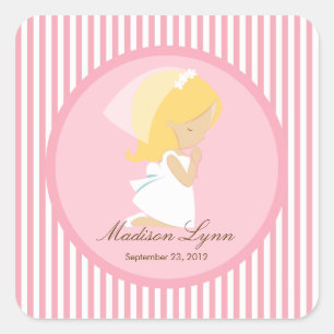 Sweet Girl First Heliga Communion Sticker Rosa Fyrkantigt Klistermärke