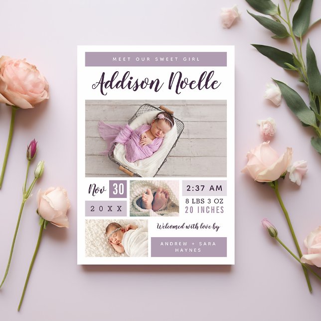 Sweet Girl Magnetic Photo Birth Announcement Magnetisk Inbjudningskort (Skapare uppladdad)