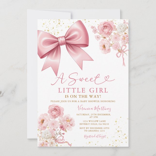 Sweet Girl Pink Bow Coquette Baby Shower Floral Inbjudningar (Framsida)