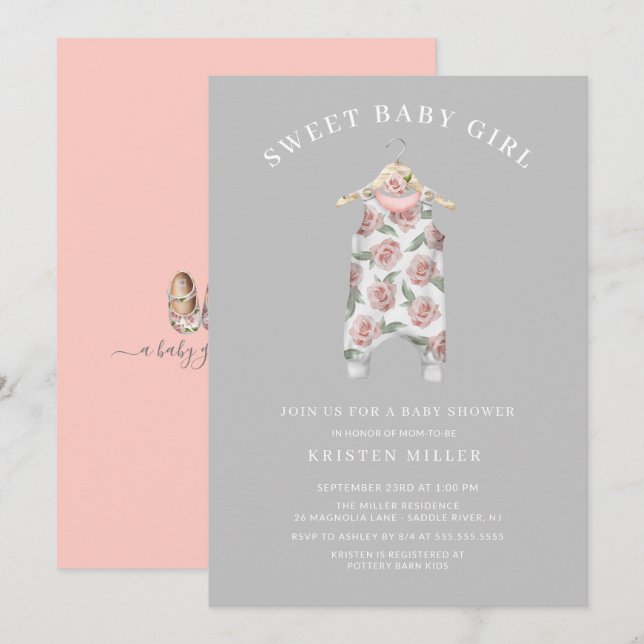 Sweet Girl Ro Romper Baby Shower Inbjudningar (Fram/baksida)