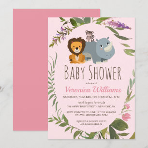 Sweet Girls Jungle Safari Animals Rosa Baby Shower Inbjudningar