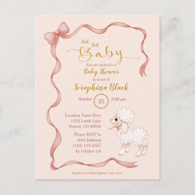 Sweet Girly Rosa Bow Lamb Baby Shower Inbjudan Vykort (Framsida)