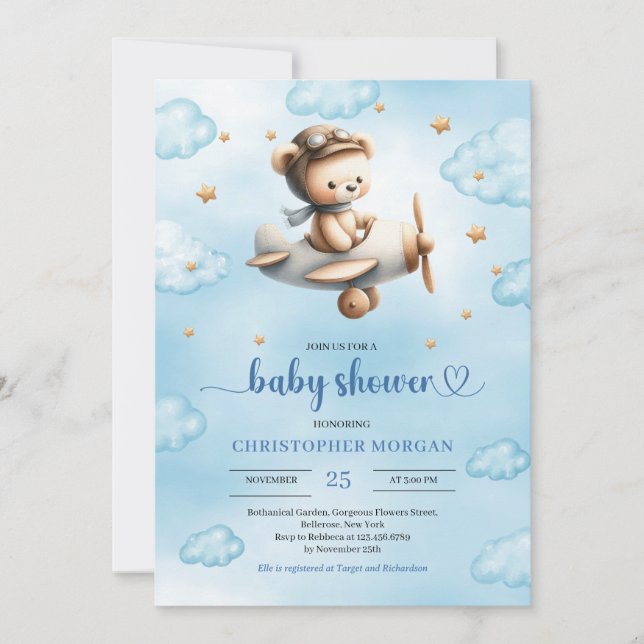 Sweet gold airplane bear theme boy baby shower  inbjudningar (Framsida)