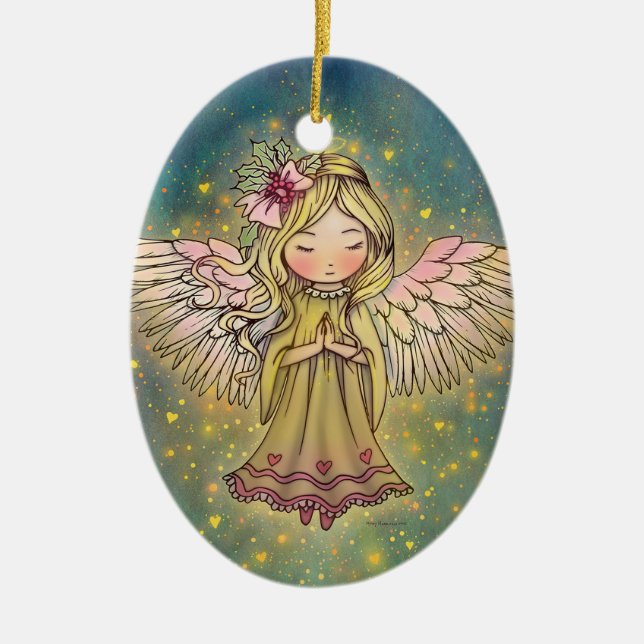 Sweet Golden Angel Whimsical Art by Molly Harrison Julgransprydnad Keramik (Framsidan)