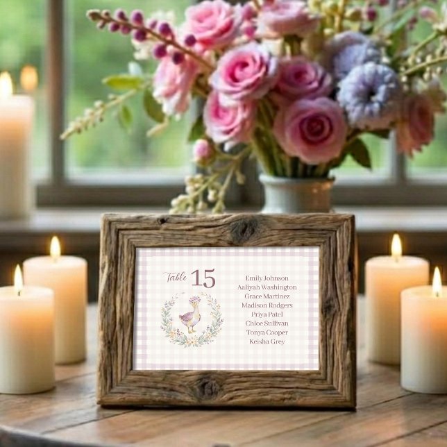 Sweet Goose Baby Shower Table Seating Card LPM26 Bordsnummer (Cottagecore Lilac Gingham Table Seating Card Featuring a Watercolor Effect Baby Goose with Flower.)