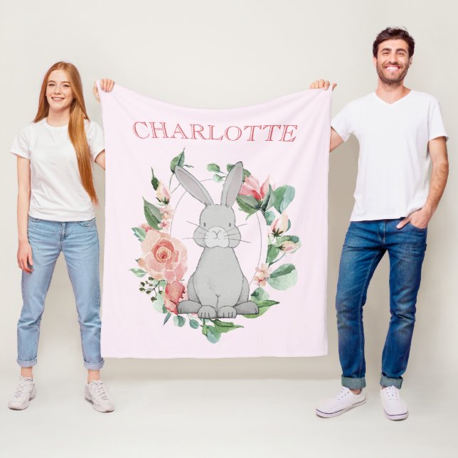 Sweet Grått Bunny Rosa Blommigt Girl's Fleecefilt (På plats)