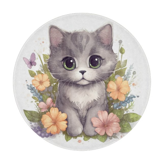 Sweet Grått Kitten with Flowers Kawaii Chibi (Framsidan)