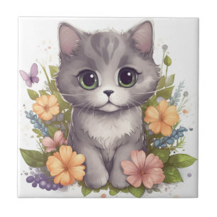 Sweet Grått Kitten with Flowers Kawaii Chibi Kakelplatta