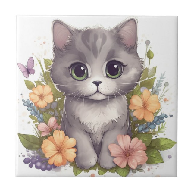 Sweet Grått Kitten with Flowers Kawaii Chibi Kakelplatta (Framsidan)