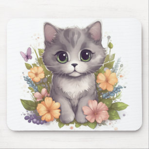 Sweet Grått Kitten with Flowers Kawaii Chibi Musmatta