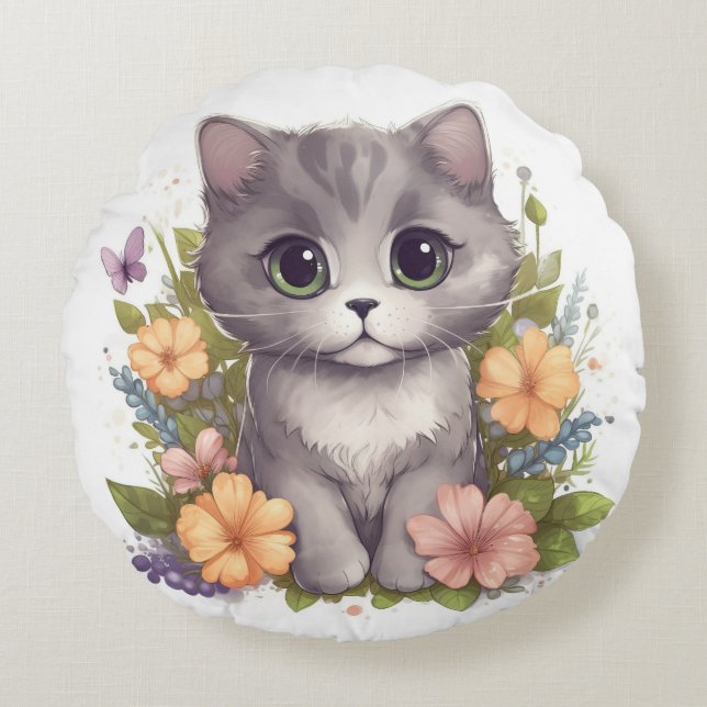 Sweet Grått Kitten with Flowers Kawaii Chibi Rund Kudde (Framsidan)