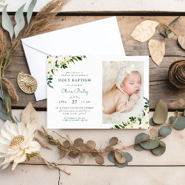 Sweet Greenery Blommigt Flicka Photo Baptism Inbjudningar