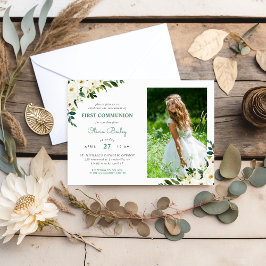 Sweet Greenery Blommigt Photo First Communion Inbjudningar