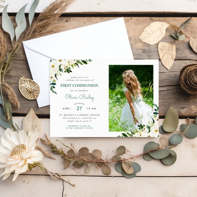 Sweet Greenery Blommigt Photo First Communion Inbjudningar (Skapare uppladdad)