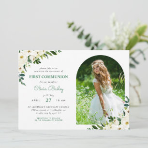 Sweet Greenery Blommigt Photo First Communion Inbjudningar