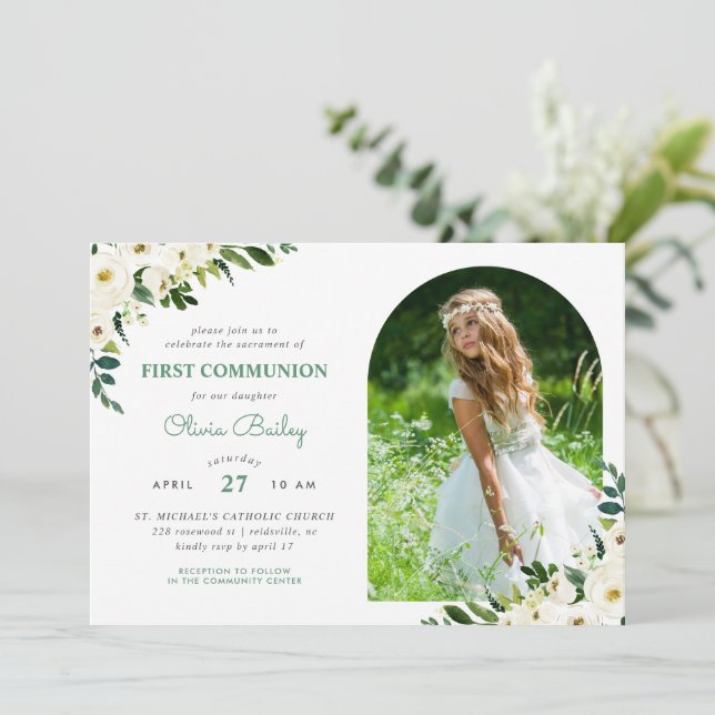 Sweet Greenery Blommigt Photo First Communion Inbjudningar (Stående Fram)