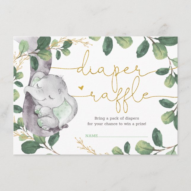 Sweet Greenery Guld Elephant Baby Diaper Raffle Tilläggskort (Framsida)